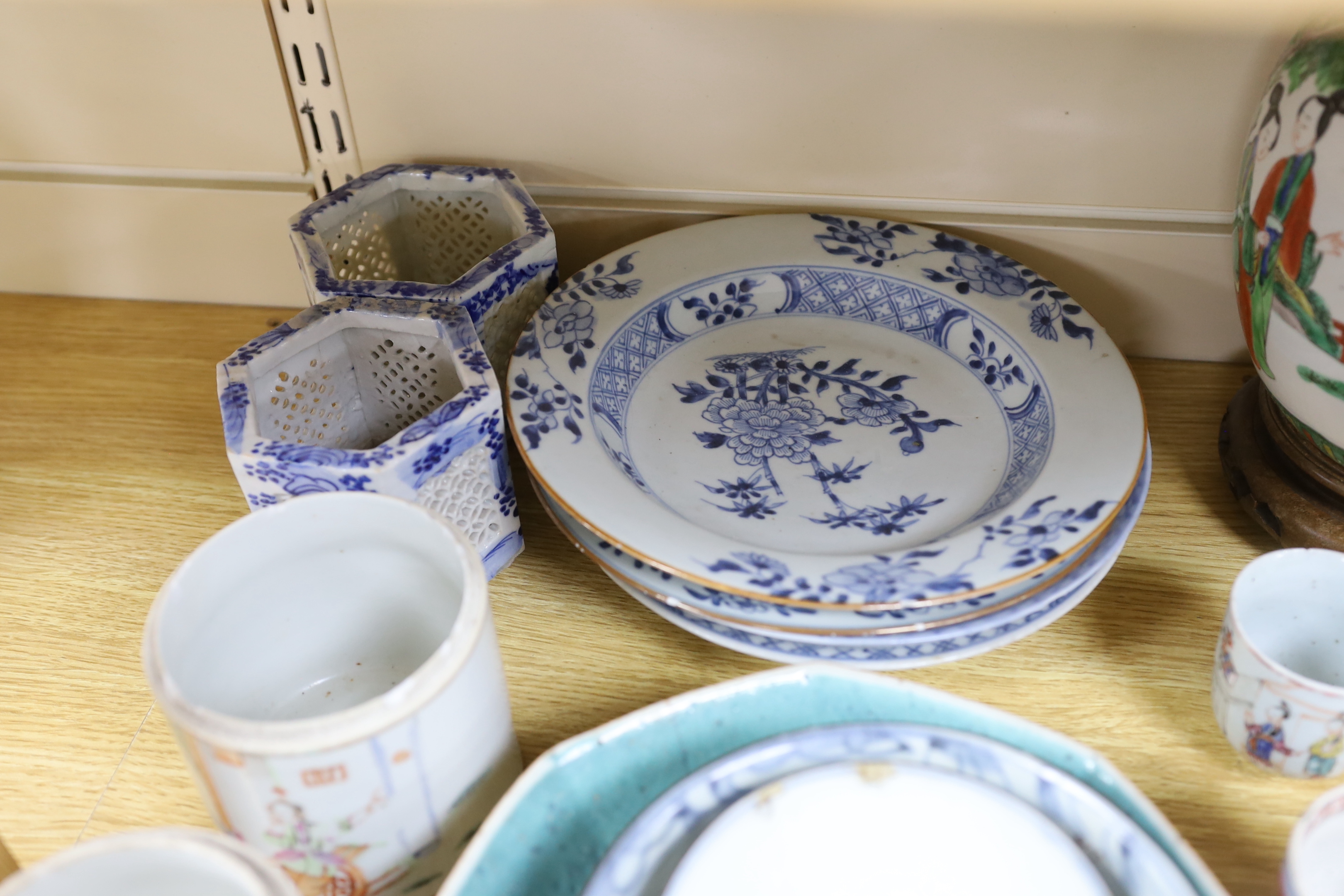 A group of Chinese blue and white and enamelled porcelain jars, plates and bowls, 18th century and later, largest 26cm high